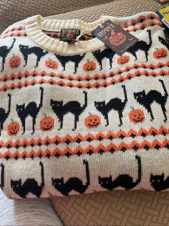 Kiel James Patrick Sweaters - KJP Spooky Season Halloween Cat & Pumpkin Knit Sweater - Cream/Black/Orange